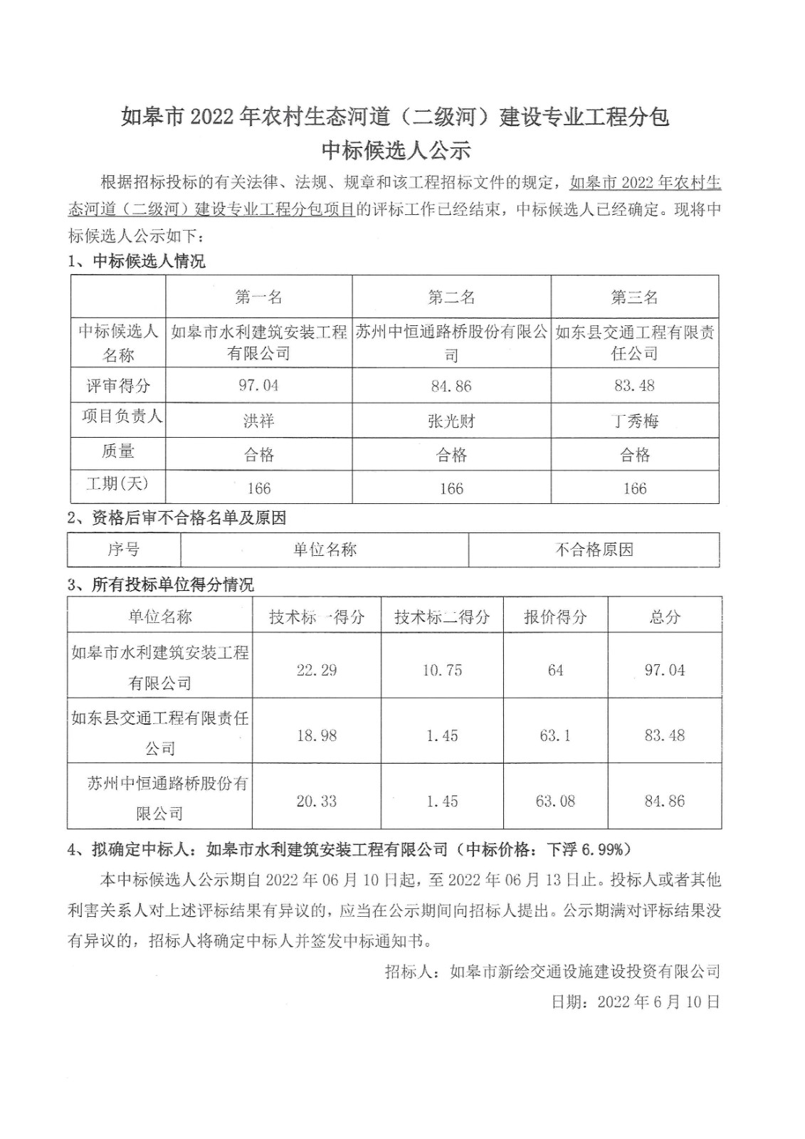 如皋市2022年农村生态河道（二级河）建设专业工程分包中标候选人公示